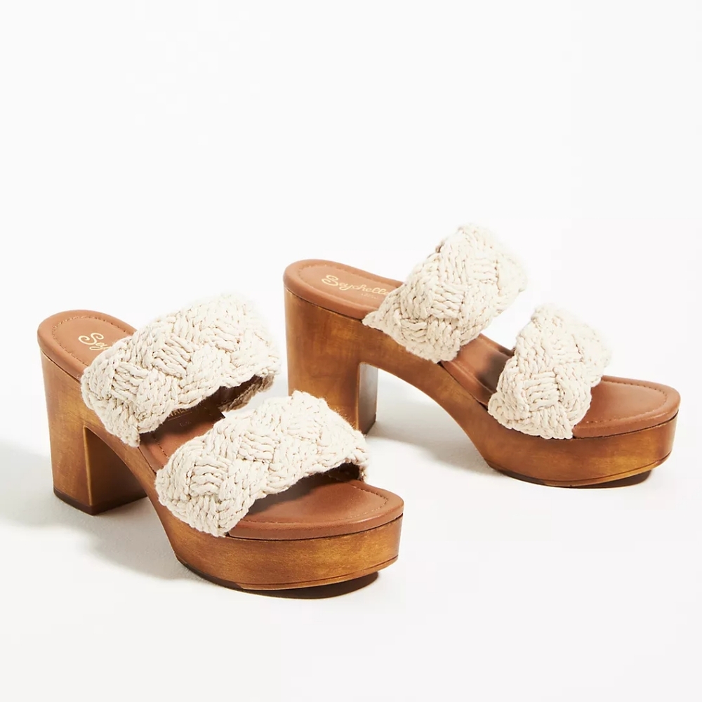 Seychelles Wooden Block Heel Crochet Macrame Sandals Cream & Tan Size 8.5